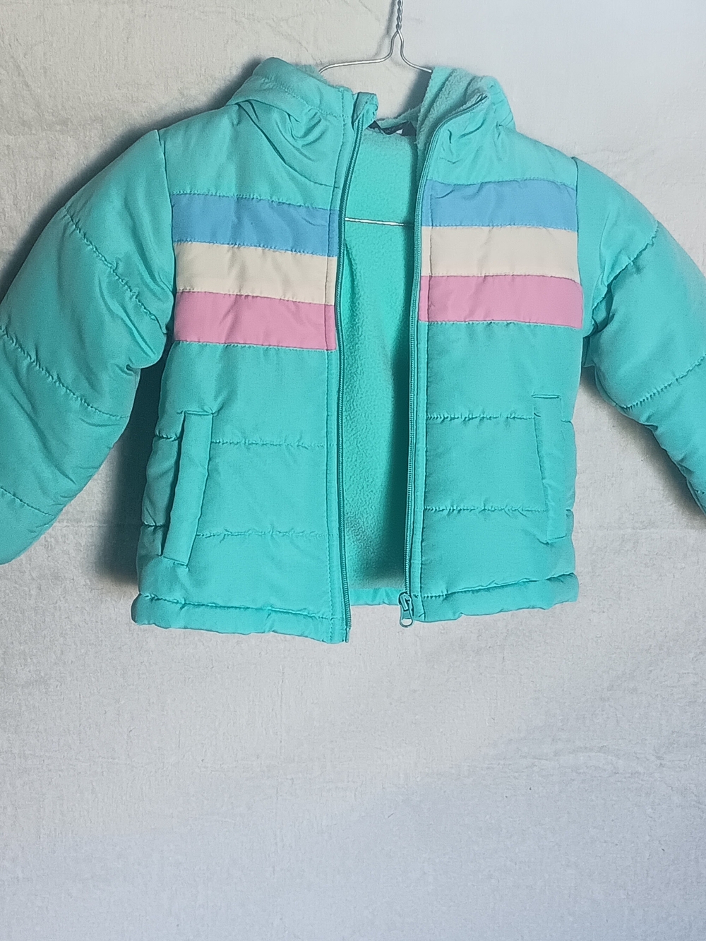 GENERATION Y Aqua Puffer Jacket with Pastel Stripe Accents
